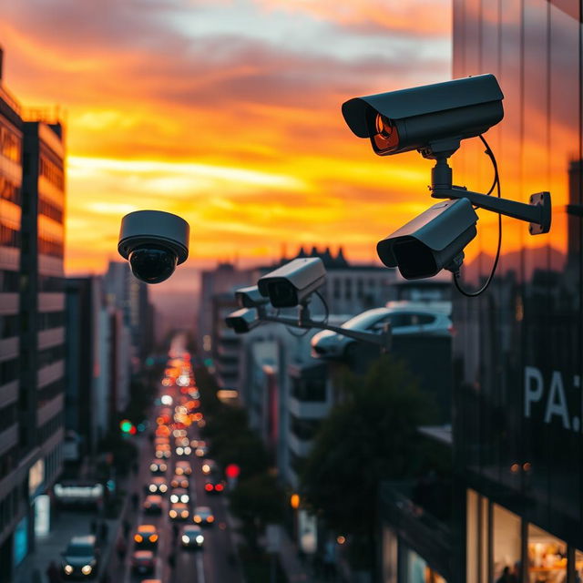 A dramatic urban scene showcasing several modern surveillance cameras mounted on tall buildings, capturing the bustling city life below