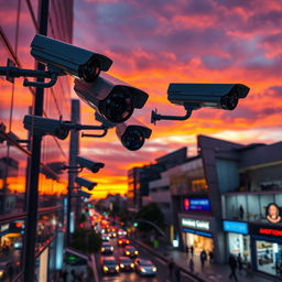 A dramatic urban scene showcasing several modern surveillance cameras mounted on tall buildings, capturing the bustling city life below