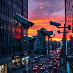 A dramatic urban scene showcasing several modern surveillance cameras mounted on tall buildings, capturing the bustling city life below