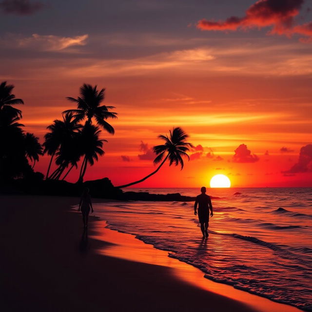 A vibrant sunset over a peaceful beach, with gentle waves lapping at the shore