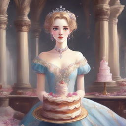 A high-quality digital art book cover, showcasing a worried princess in a regal gown, her eyes wide with distress