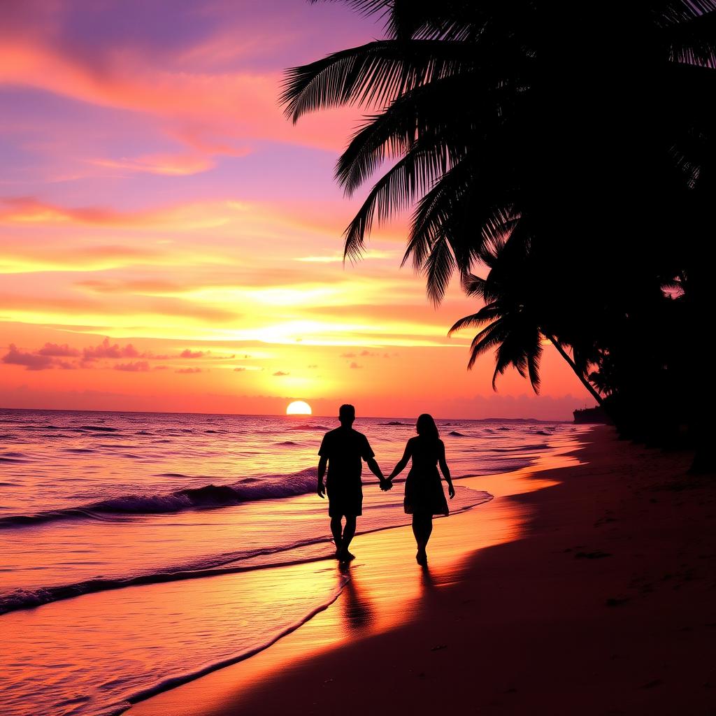 A vibrant sunset over a peaceful beach, with gentle waves lapping at the shore