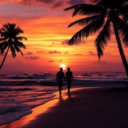 A vibrant sunset over a peaceful beach, with gentle waves lapping at the shore