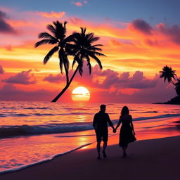 A vibrant sunset over a peaceful beach, with gentle waves lapping at the shore
