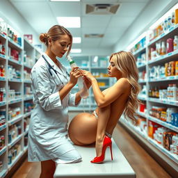 An artistic depiction in a modern pharmacy setting, featuring a young female nurse administering an enema to a tanned blonde girl wearing high heels, posed in a suggestive yet professional manner reminiscent of a medical scenario