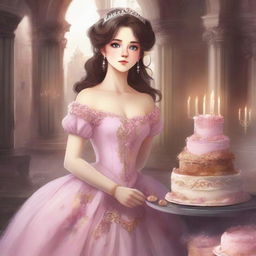 A high-quality digital art book cover, showcasing a worried princess in a regal gown, her eyes wide with distress