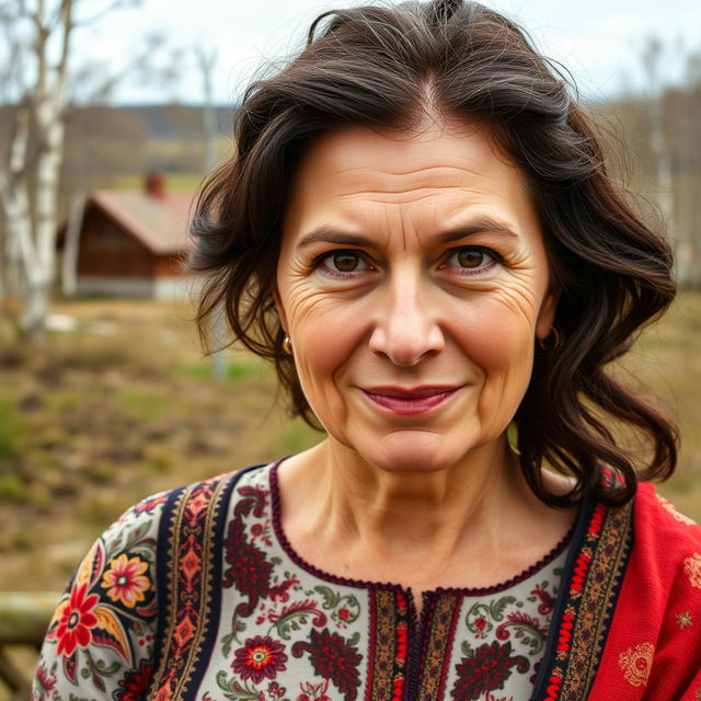 A portrait of a Russian middle-aged woman, showcasing her natural beauty and expressive features