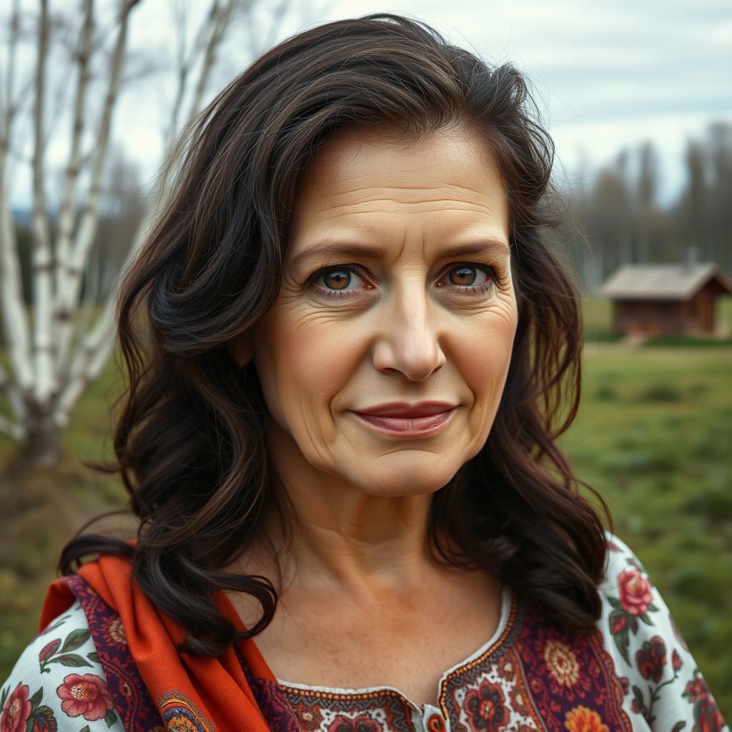 A portrait of a Russian middle-aged woman, showcasing her natural beauty and expressive features