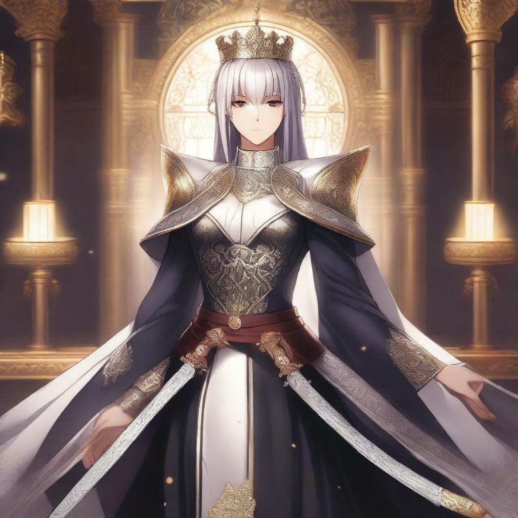 A high-quality digital art illustration of a 'Ruler' servant from the Type-Moon's Fate series