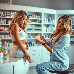 A dramatic scene set in a modern pharmacy, with a young female nurse administering a medical enema to a tanned blonde girl wearing high heels