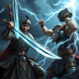 A dramatic duel scene between a Janissary Officer wielding a magical sword and Thor the Thunderer holding a magic hammer