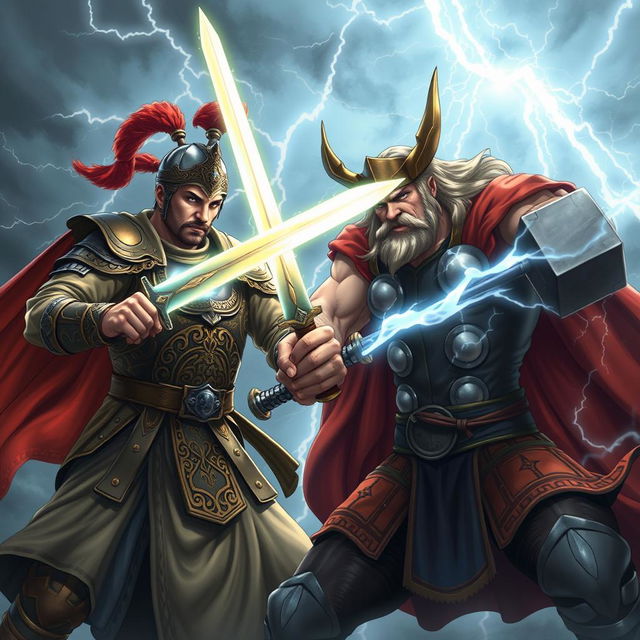 A dramatic duel scene between a Janissary Officer wielding a magical sword and Thor the Thunderer holding a magic hammer