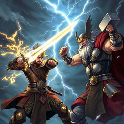 A dramatic duel scene between a Janissary Officer wielding a magical sword and Thor the Thunderer holding a magic hammer
