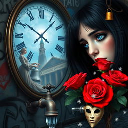 A beautiful, stunning girl with black hair and mesmerizing blue eyes gazing into a mirror within a surreal, psychedelic world reminiscent of Salvador Dali
