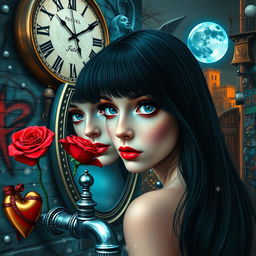 A beautiful, stunning girl with black hair and mesmerizing blue eyes gazing into a mirror within a surreal, psychedelic world reminiscent of Salvador Dali