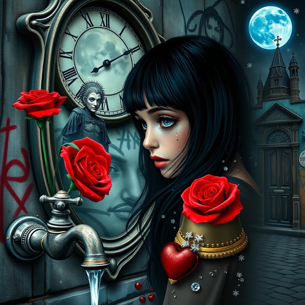 A beautiful, stunning girl with black hair and mesmerizing blue eyes gazing into a mirror within a surreal, psychedelic world reminiscent of Salvador Dali