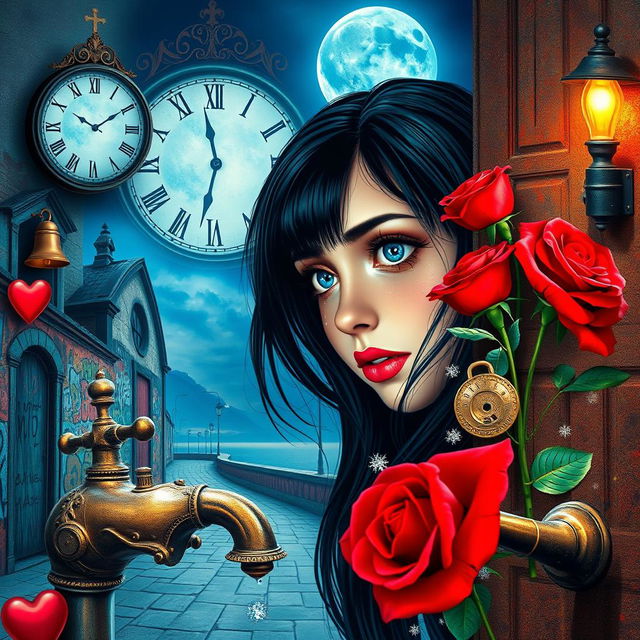 A beautiful, stunning girl with black hair and mesmerizing blue eyes gazing into a mirror within a surreal, psychedelic world reminiscent of Salvador Dali