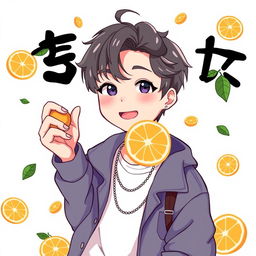 A stylized anime illustration of Yoongi from BTS, featuring him playfully holding a tangerine