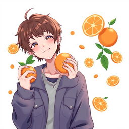 A stylized anime illustration of Yoongi from BTS, featuring him playfully holding a tangerine