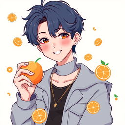 A stylized anime illustration of Yoongi from BTS, featuring him playfully holding a tangerine
