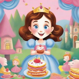 A high-quality, colourful image in the style of a children's book cover, featuring a surprised princess holding a cake that looks appealing but has a bitter expression, indicating it was meant to be sweet