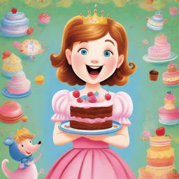 A high-quality, colourful image in the style of a children's book cover, featuring a surprised princess holding a cake that looks appealing but has a bitter expression, indicating it was meant to be sweet