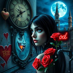 A beautiful, stunning girl with fearful black hair and piercing blue eyes gazes into a mirror, set within a psychedelic world inspired by Salvador Dali