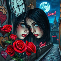 A beautiful, stunning girl with fearful black hair and piercing blue eyes gazes into a mirror, set within a psychedelic world inspired by Salvador Dali