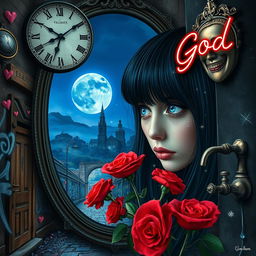 A beautiful, stunning girl with fearful black hair and piercing blue eyes gazes into a mirror, set within a psychedelic world inspired by Salvador Dali