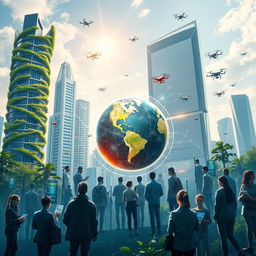A visionary portrait depicting a futuristic economic system, showcasing advanced technology integrated with natural elements