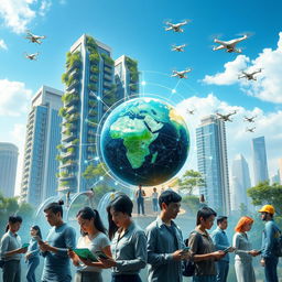 A visionary portrait depicting a futuristic economic system, showcasing advanced technology integrated with natural elements