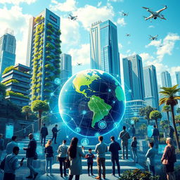 A visionary portrait depicting a futuristic economic system, showcasing advanced technology integrated with natural elements