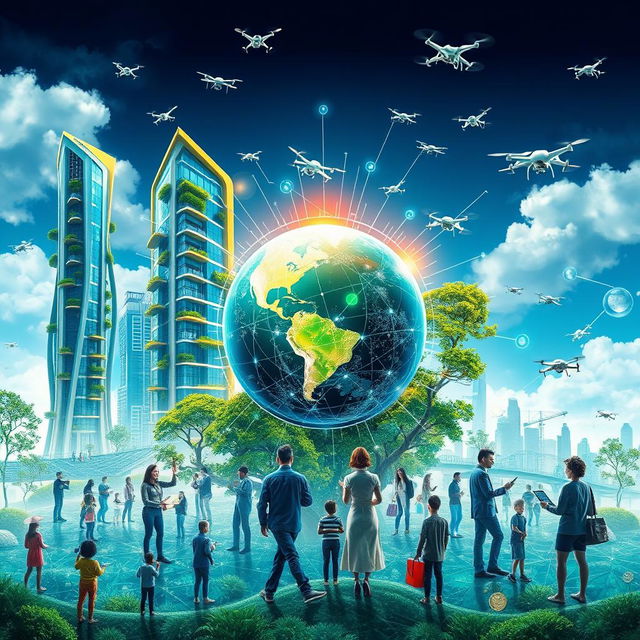 A visionary portrait depicting a futuristic economic system, showcasing advanced technology integrated with natural elements