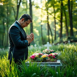 A solemn scene of a man praying in front of a grave, dressed in formal attire with a deep expression of respect and sorrow