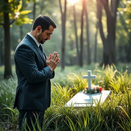 A solemn scene of a man praying in front of a grave, dressed in formal attire with a deep expression of respect and sorrow