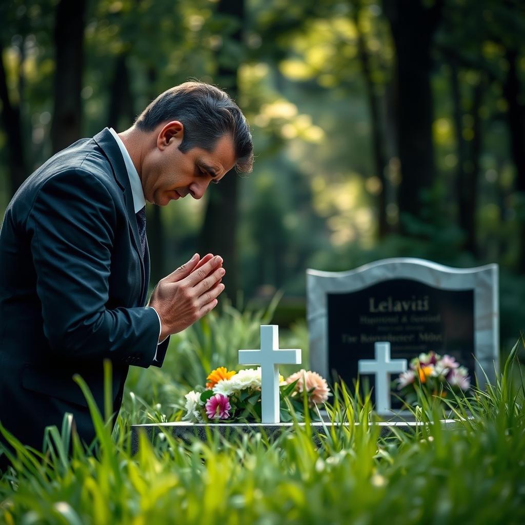 A solemn scene of a man praying in front of a grave, dressed in formal attire with a deep expression of respect and sorrow