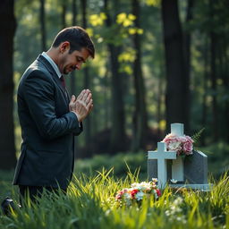 A solemn scene of a man praying in front of a grave, dressed in formal attire with a deep expression of respect and sorrow