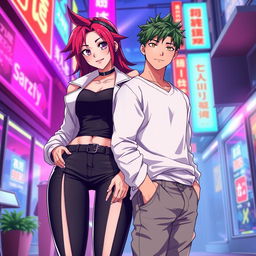 An alpha woman and an omega man in an anime style, showcasing their unique dynamics and personalities