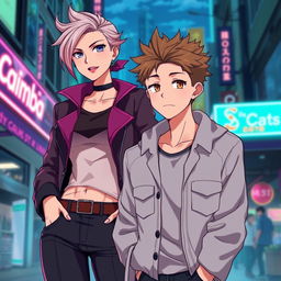 An alpha woman and an omega man in an anime style, showcasing their unique dynamics and personalities