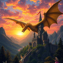 an awe-inspiring fantasy scene featuring a majestic dragon soaring above an ancient castle on a mountain top, surrounded by lush green forests under a vibrant sunset sky with hues of orange, pink, and purple