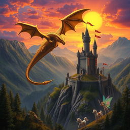 an awe-inspiring fantasy scene featuring a majestic dragon soaring above an ancient castle on a mountain top, surrounded by lush green forests under a vibrant sunset sky with hues of orange, pink, and purple