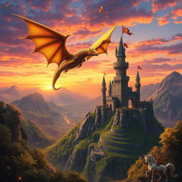 an awe-inspiring fantasy scene featuring a majestic dragon soaring above an ancient castle on a mountain top, surrounded by lush green forests under a vibrant sunset sky with hues of orange, pink, and purple
