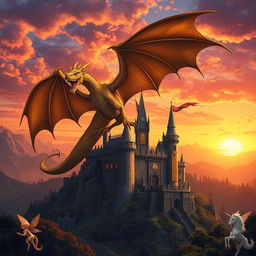 an awe-inspiring fantasy scene featuring a majestic dragon soaring above an ancient castle on a mountain top, surrounded by lush green forests under a vibrant sunset sky with hues of orange, pink, and purple