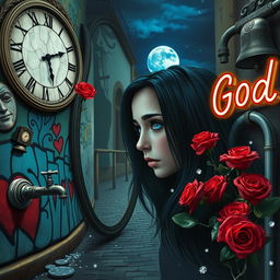 A beautiful, stunning girl with fearful black hair and piercing blue eyes gazes into a mirror in a psychedelic world reminiscent of Salvador Dali
