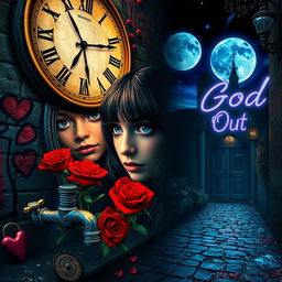 A beautiful, stunning girl with fearful black hair and piercing blue eyes gazes into a mirror in a psychedelic world reminiscent of Salvador Dali