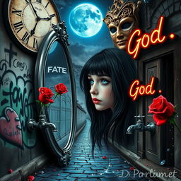 A beautiful, stunning girl with fearful black hair and piercing blue eyes gazes into a mirror in a psychedelic world reminiscent of Salvador Dali