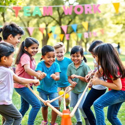 A vibrant and engaging scene depicting a group of children aged 10 to 12 years old working together in a team-building activity