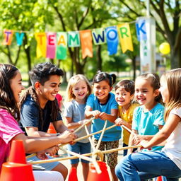 A vibrant and engaging scene depicting a group of children aged 10 to 12 years old working together in a team-building activity