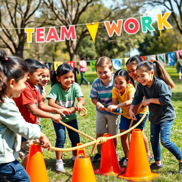 A vibrant and engaging scene depicting a group of children aged 10 to 12 years old working together in a team-building activity