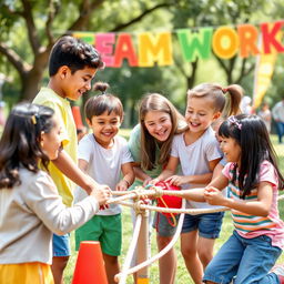 A vibrant and engaging scene depicting a group of children aged 10 to 12 years old working together in a team-building activity